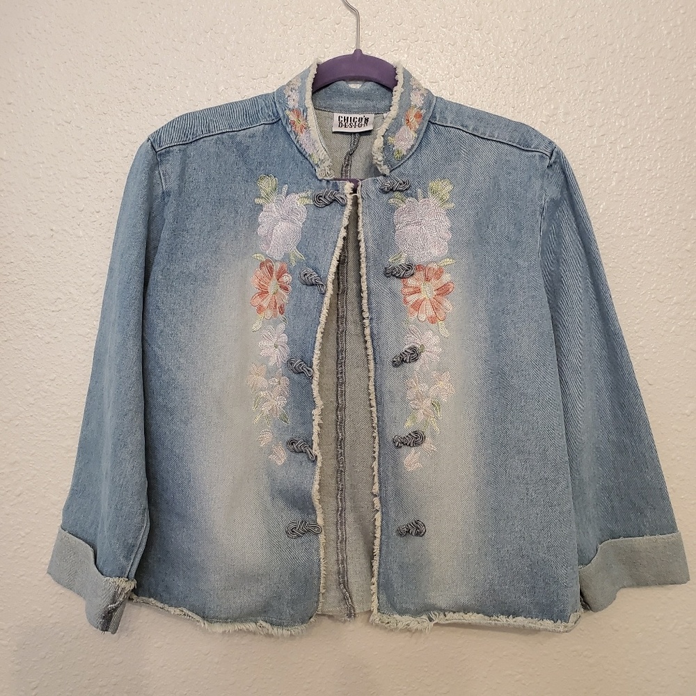 Chico's design jean jacket with floral embroidery